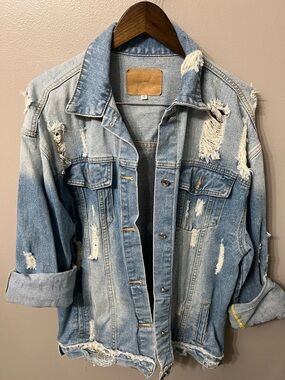Oversized Distressed Light Blue Denim Jacket for Women | Boutique XL